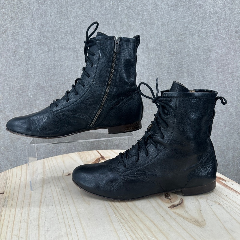 Frye Jillian Lace Up Boots Womens 11 SOFT Black Leather Zip Ankle Minimalist